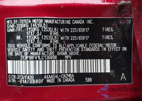 2020 Toyota Rav4 Xle z USA, uszkodzony, nr VIN 2T3P1RFV1LC136898